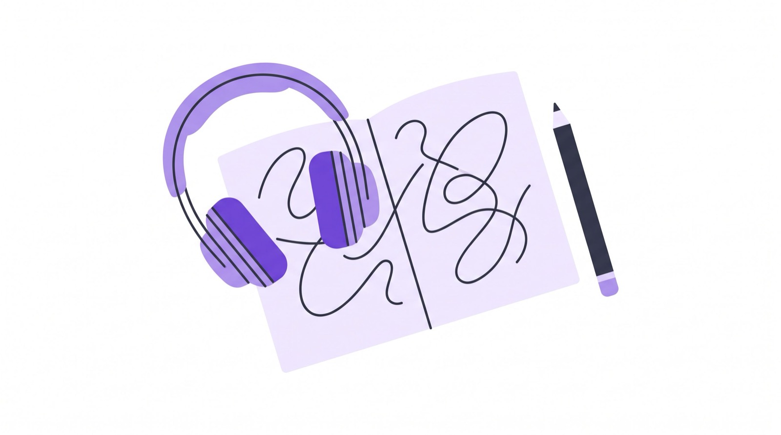Caderno aberto com linhas de escrita à mão e um fone de ouvido apoiado em cima